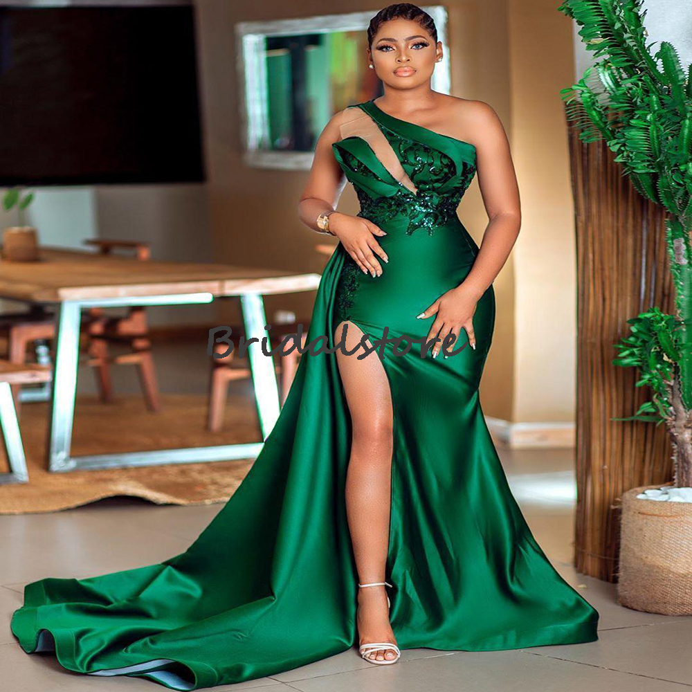 Plus Size Green African Prom Dresses 2022 With High Slit Sexy One Shoulder Mermaid Evening Gowns Elegant Black Girls Formal Party Dress Aso Ebi Robes 