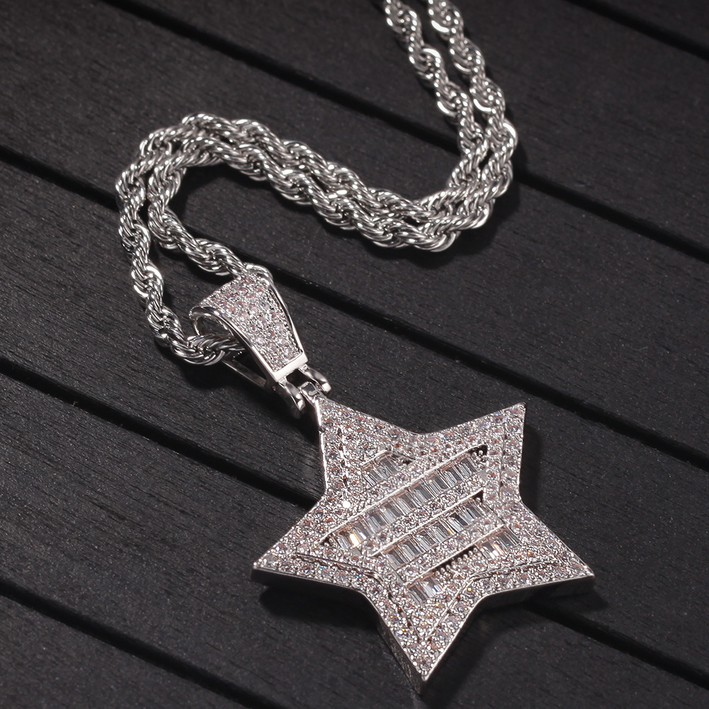 Hip Hop Star Pendant Necklace Bling 18K Real Gold Plated Shining Crystal Zircon Men Women Gift