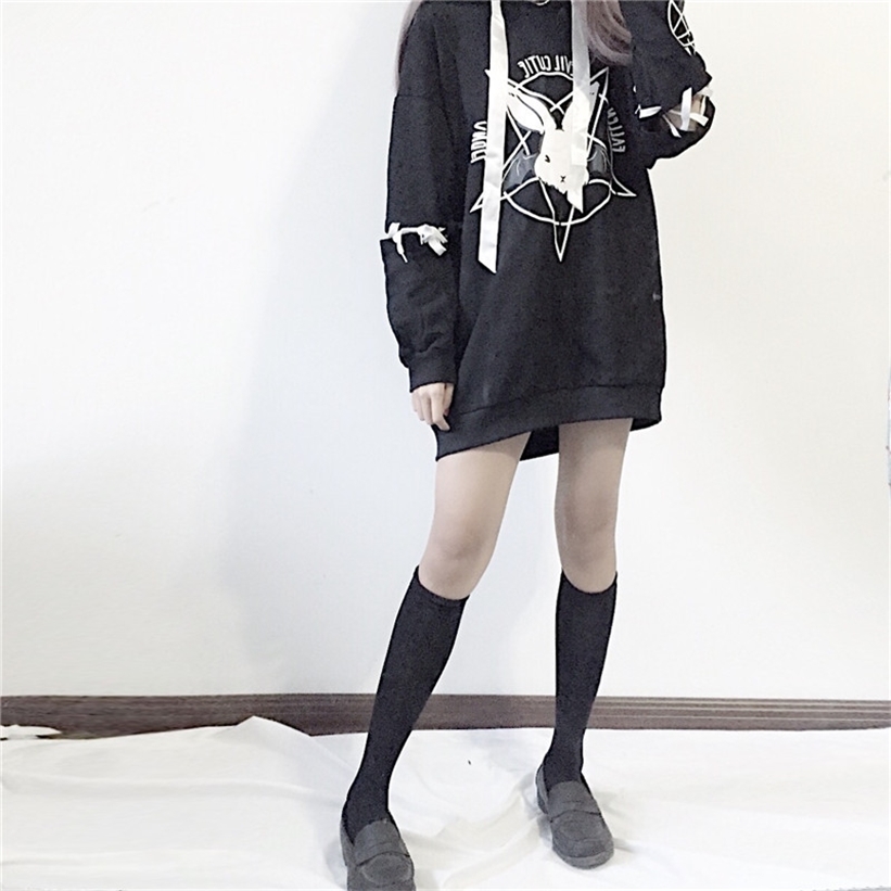 Harajuku Hoodies Autumn Women Print Lace Up Gothic Punk Oversize Tops Long Sleeve Hooded Sweatshirt Pullover Streetwear 201212