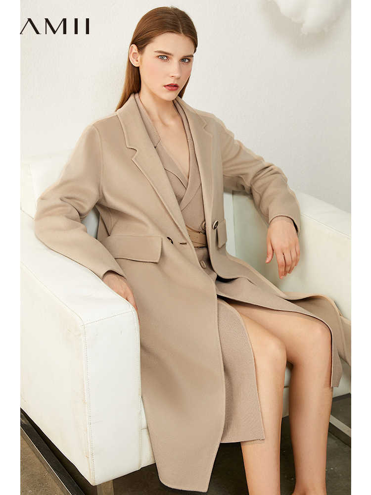 Minimalism Winter 100%wool Women's Coat Temperament Lapel Knee-length Double-sided Woolen Women 12030467 210527