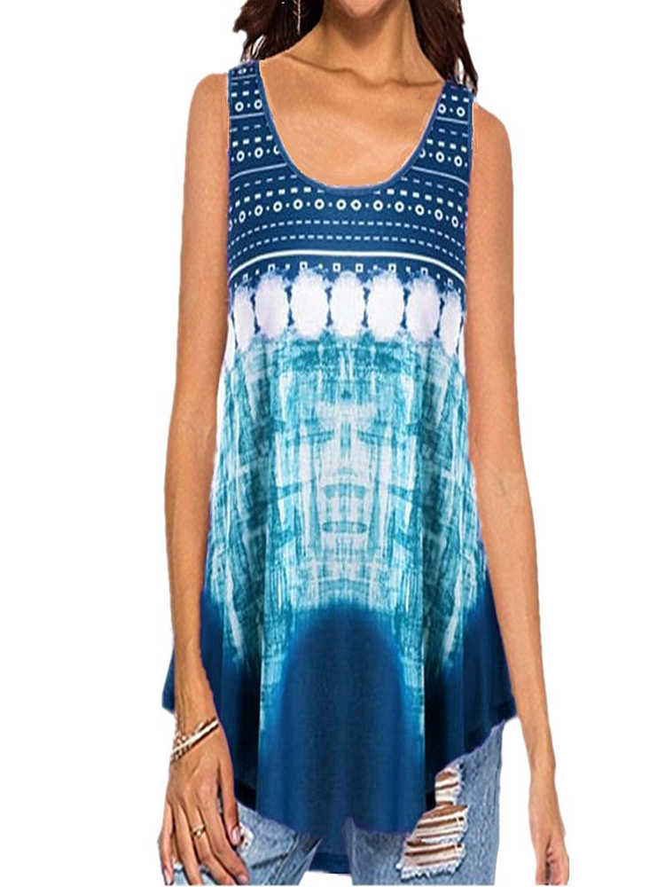 Bohemian Vintage Tops Women Geometric Striped Print Sleeveless Tank Top Summer Round Neck Gradient Blue Oversize Loose Vest 210604