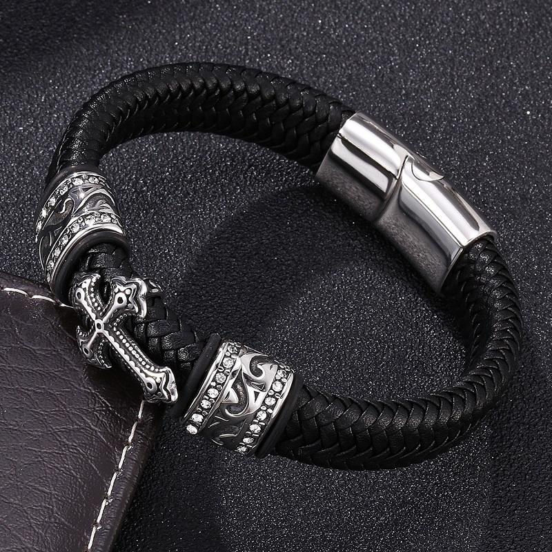 Charm Bracelets Retro Cross Stainless Steel Accessories Black Braided Leather Bracelet Men Magnetic Buckle Jewelry Pulsera Masculina