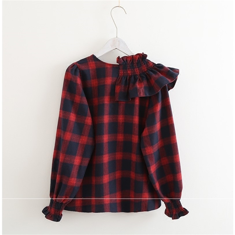 KYQIAO women's plaid shirt mori girls autumn spring v neck puff corrugated edge long-sleeved green red blue plaid blouse 210225
