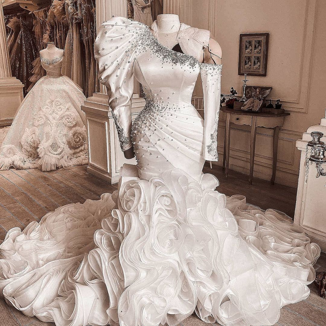 2021 Plus Size Arabic Aso Ebi Luxurious Mermaid Sexy Wedding Dresses Crystals Tiers Bridal Dresses Sheer Neck Wedding Gowns ZJ022