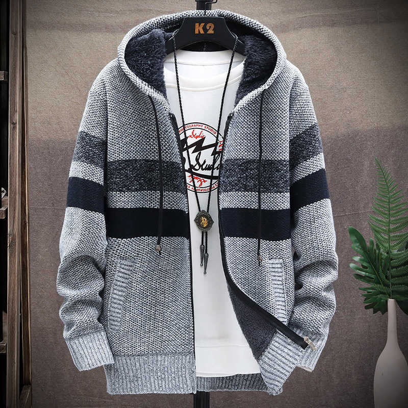 Fleece Warm Sweater Men Winter Hooded Cardigan Mens Striped Slim Sweaters Patchwork Coat Knitted Men's Hoodie Jumper Clothing 210818