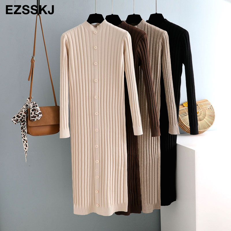 button straight autumn winter Women thick long Sweater dress robe Knitted Sweaters maxi dress Female slim dress 201008