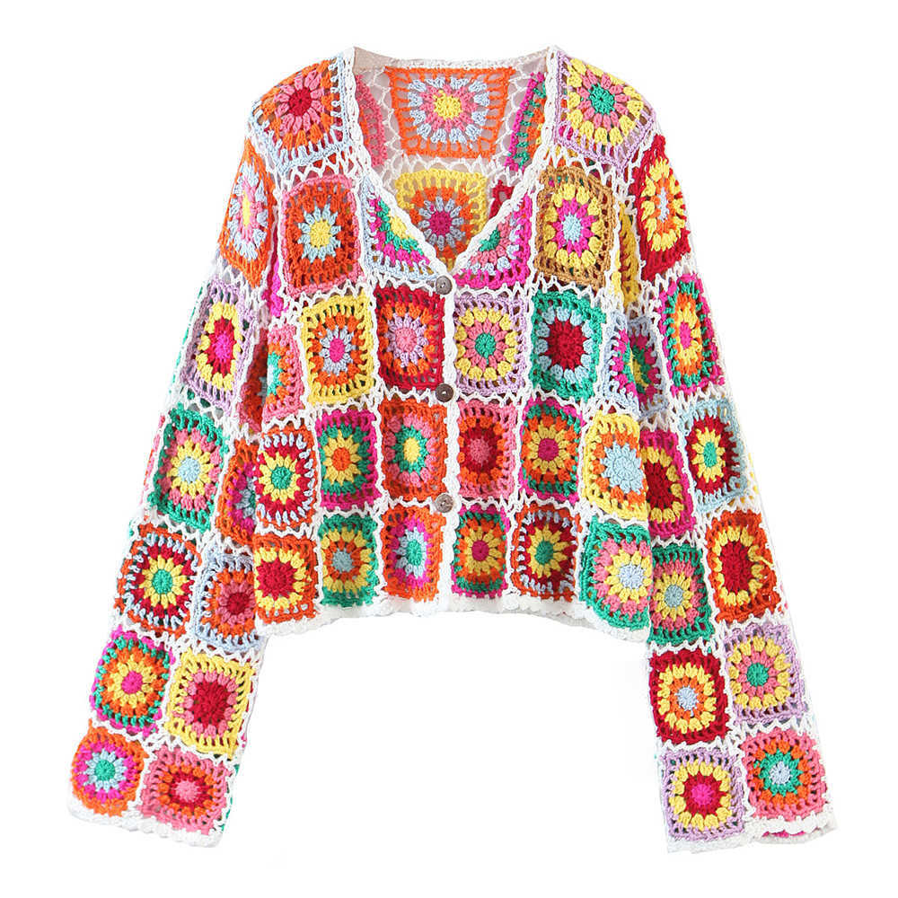 BOHO Colored Plaid Flower Hand Crochet Cardigan Vintage Woman V neck Long sleeve Center Buttons Sweater Knitwear Jumper 211014