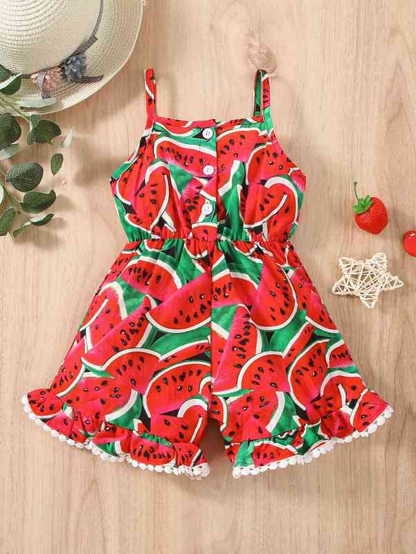 Baby Watermelon Print Bow Front Ruffle Hem Cami Romper SHE