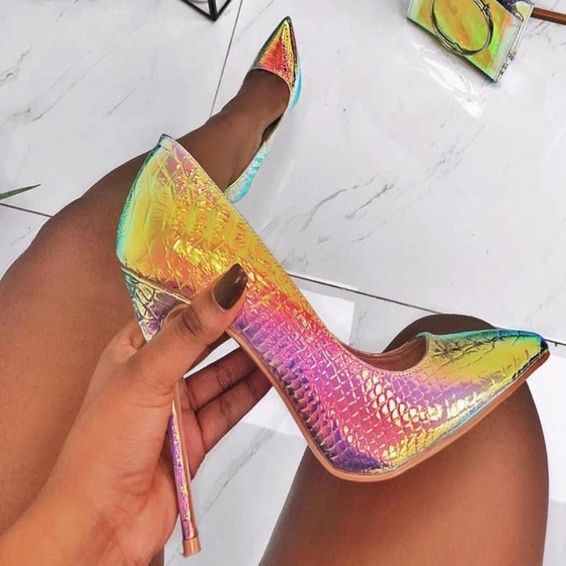 Dress Shoes Sexy Iridescent Snakeskin High Heel Pump Hologram Patchwork 12cm Stiletto Heels Python Printed Pointy Toe