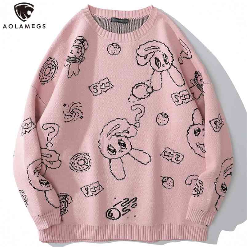Aolamegs Men Sweater Cartoon Cute Rabbit Strawberry knitted Pullover Sweaters Couple O-Neck Casual Soft College Style Streetwear 210818