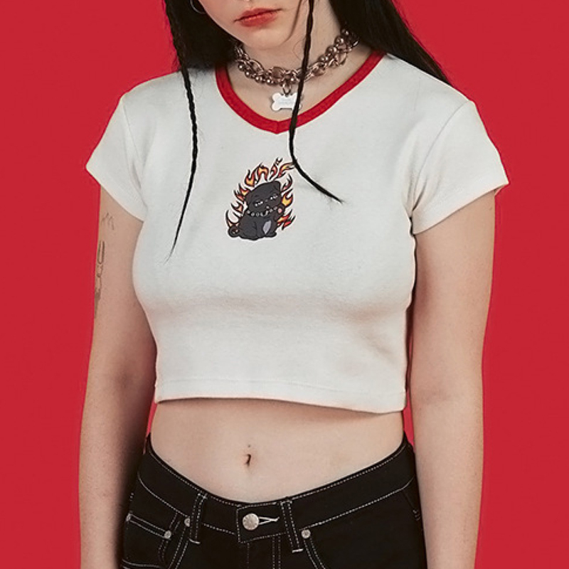 Women's Funny Print T Shirts Summer Harajuku Short Sleeve Crop Tops Girls Cute Fire Dog T-shirt V Neck Cotton Tshirt Femme 210306