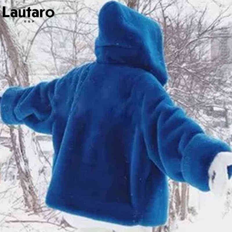 Lautaro Winter Oversized Warm Blue Soft Faux Fur Coat Women with Hood Long Sleeve Zipper Fluffy Jacket Loose Korean Fashion 211123
