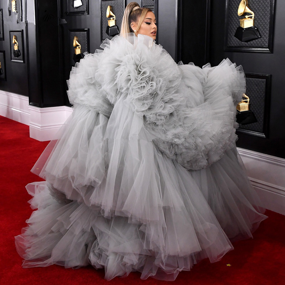 Designer Prom Dresses With Detachable Sleeves Tiered Tulle Evening Dresses Modern Fashion Ruffles Custom Made Sweep Train Pageant Gown