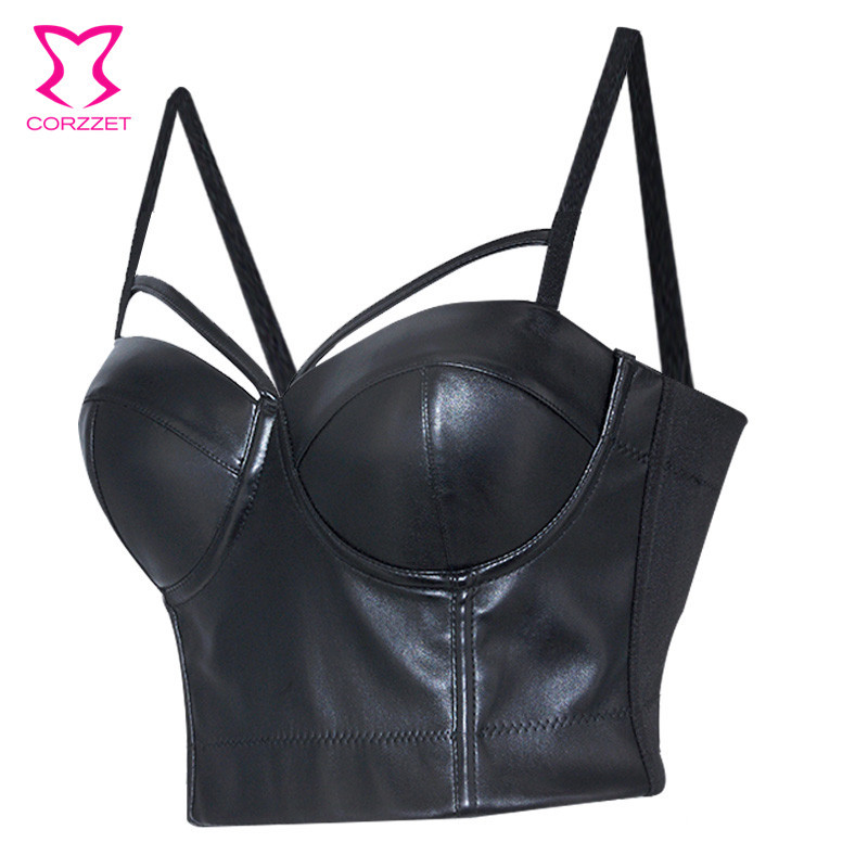Corzzet Steampunk Women PU Leather Strap Push Up Bralet Vest Gothic Bustier Bra Plus Size 6XL Ladies Rock Punk Black Cropped Top 210308