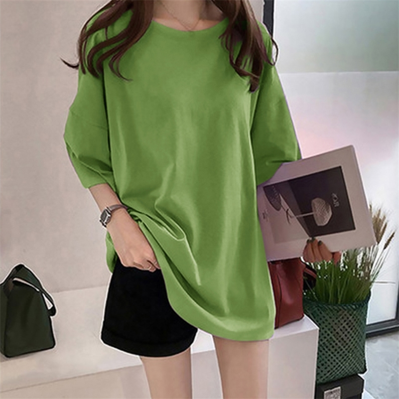 Pure color medium long T-shirt summer Short Sleeved Women Korean leisure large size loose-fitting college style women 210306