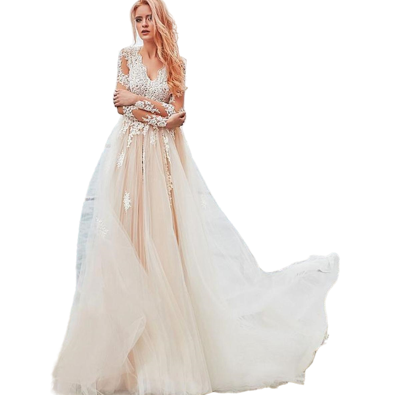 Boho V Neck Wedding Dress Long Sleeve Beach Country Bridal Gowns A Line With Lace Appliques Elegant Tulle Nude Bride Dresses Vestidos
