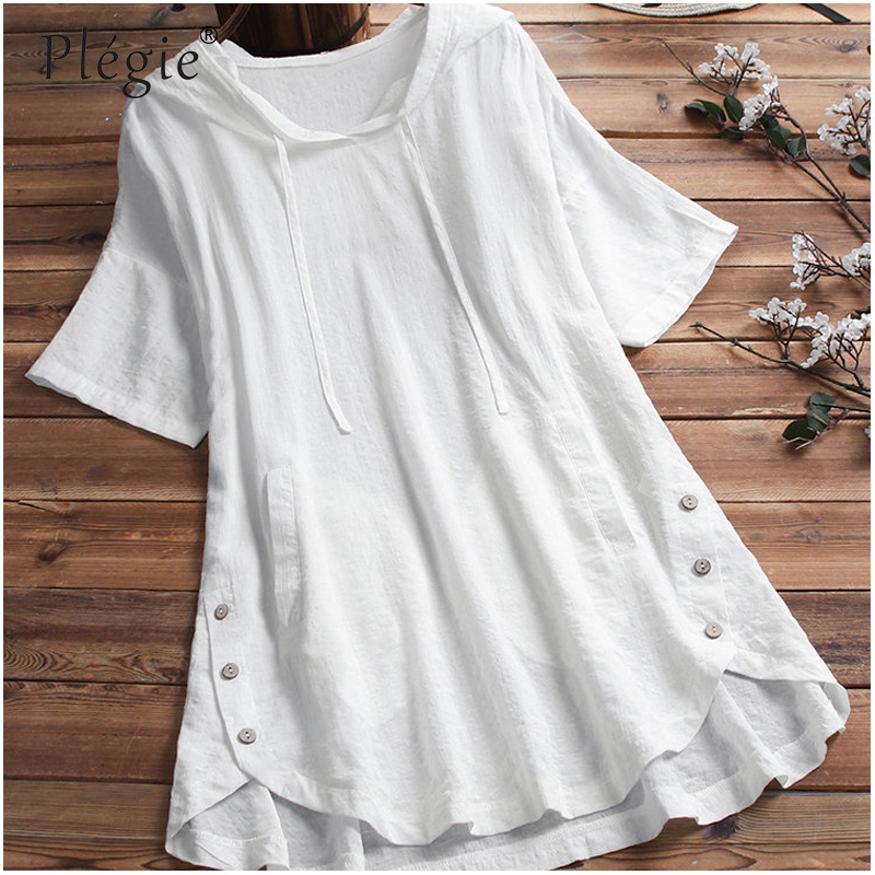 Plegie New Fashion Hooded TShirt For Women White Black Blue Plus Size Summer Short Sleeve Female Tshirt Tops With Pockets T200110