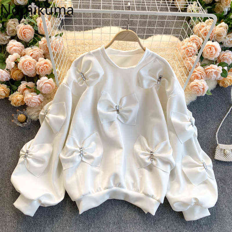 Nomikuma Korean Diamonds Bowknot Pullover Sweatshirt Causal Long Sleeve O-neck Hoodies Spring Sweet Women Jumper 6E145 211109
