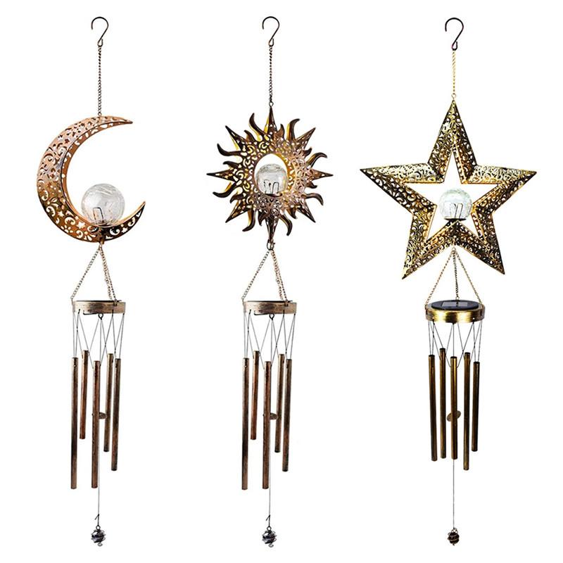 Solar Lamps LED Iron Wind Chime Light Star Moon Sun Shape Outdoor Garden Waterproof Hanging Lights Battery Yard Decoration Lamp