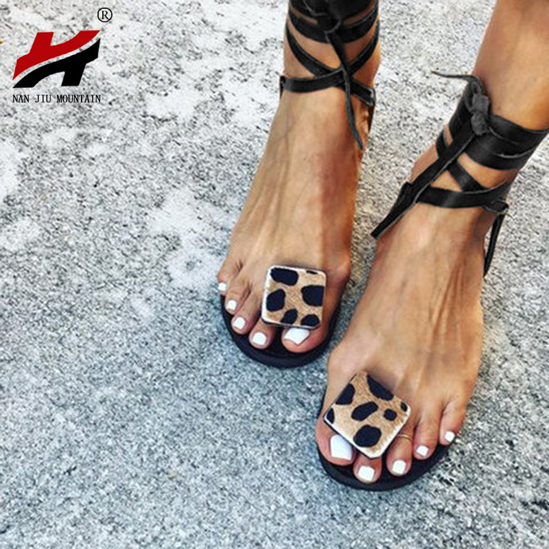NAN JIU MOUNTAIN Summer Strap Sandals Women's Flats Open Toe Leopard Casual Shoes Rome Plus Size 35-43 210301