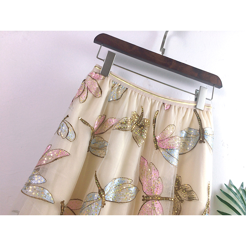 Autumn Women Mesh Skirt Dragonfly Sequin Embroidery Long Skirt Ladies Casual Voile Appliques Skirt Midcalf Swing Skirts 210306