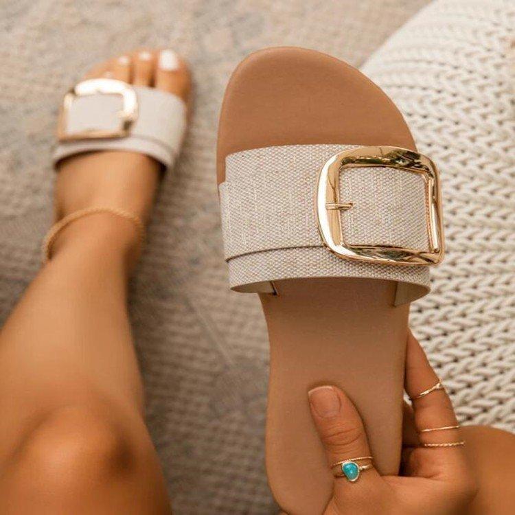 Slippers Women Fashion Upper Buckle Decoration Flat Heel Peep Toe Elegant Beach Outdoor Slides, Beige
Slippers Women Fashion Upper Buckle Decoration Flat Heel Peep Toe Elegant Beach Outdoor Slides, Beige