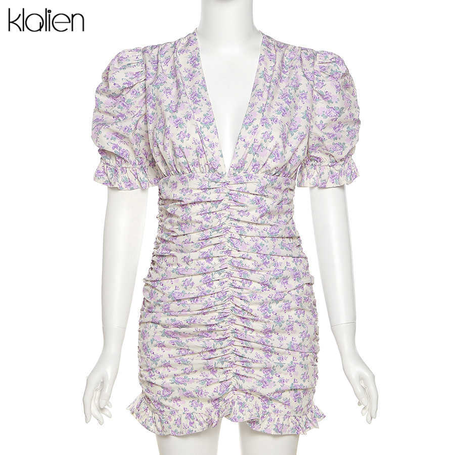 KLALIEN Fashion Elegant Print Boho Floral Office Lady Street Puff Sleeve V Neck Slim Women Dress Summer Club Party Beach Dresses 210623