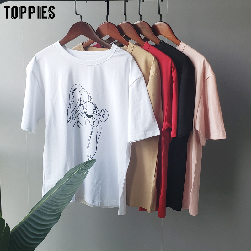 toppies summer t-shirts character printing tops tees solid color white t-shirts women drinking girls tops 210306