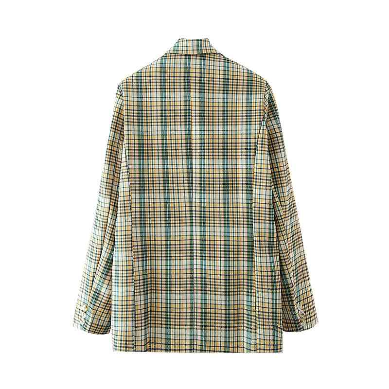 Vintage Women Green Plaid Blazers Fashion Ladies Notched Collar Coats Causal Female Chic Double Breasted Jacket 210527