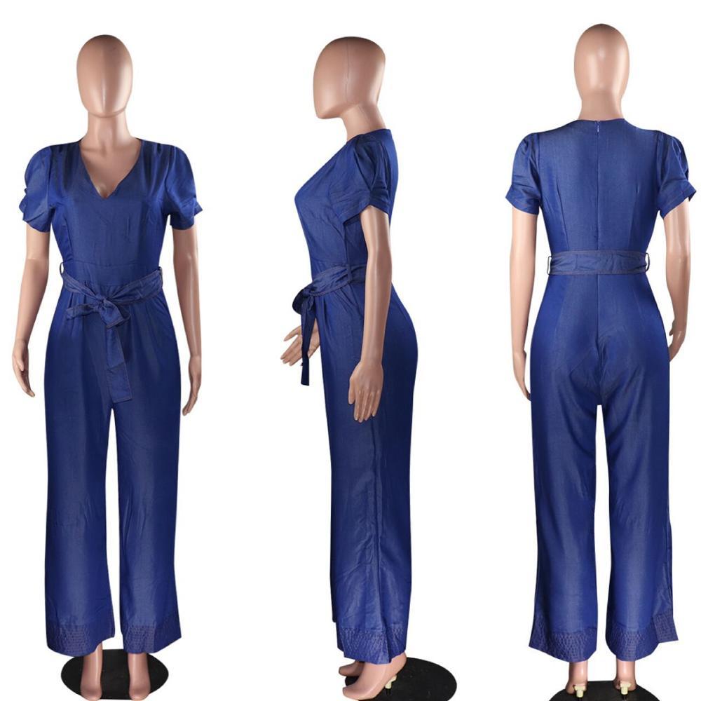 women summer short sleeve v-neck high waist sashes loose denim jumpsuit vintage casual jeans playsuit romper GLM5096 210302