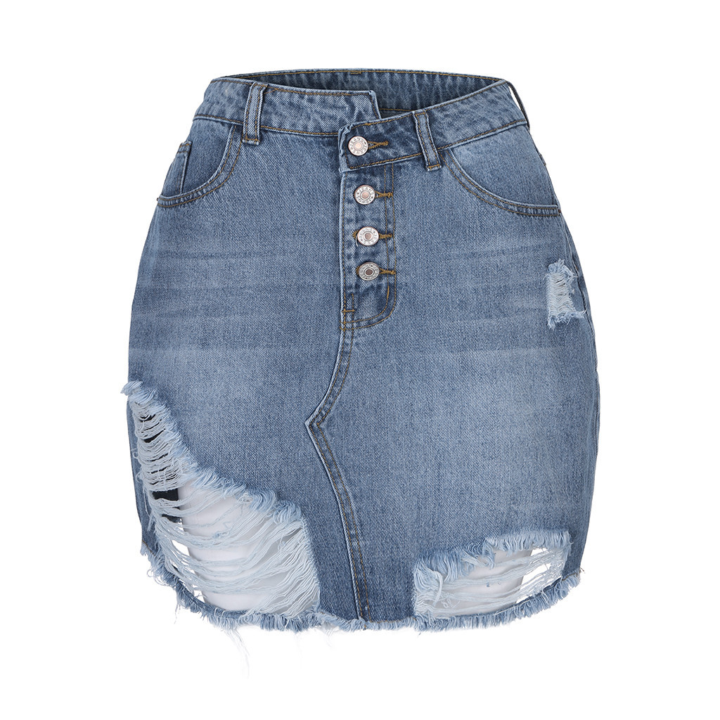 Women Summer Blue Solid Denim Skirt Women Summer Casual High Waist Denim Pocket Hole Button Retro Short Jeans Skirt#G30 210309