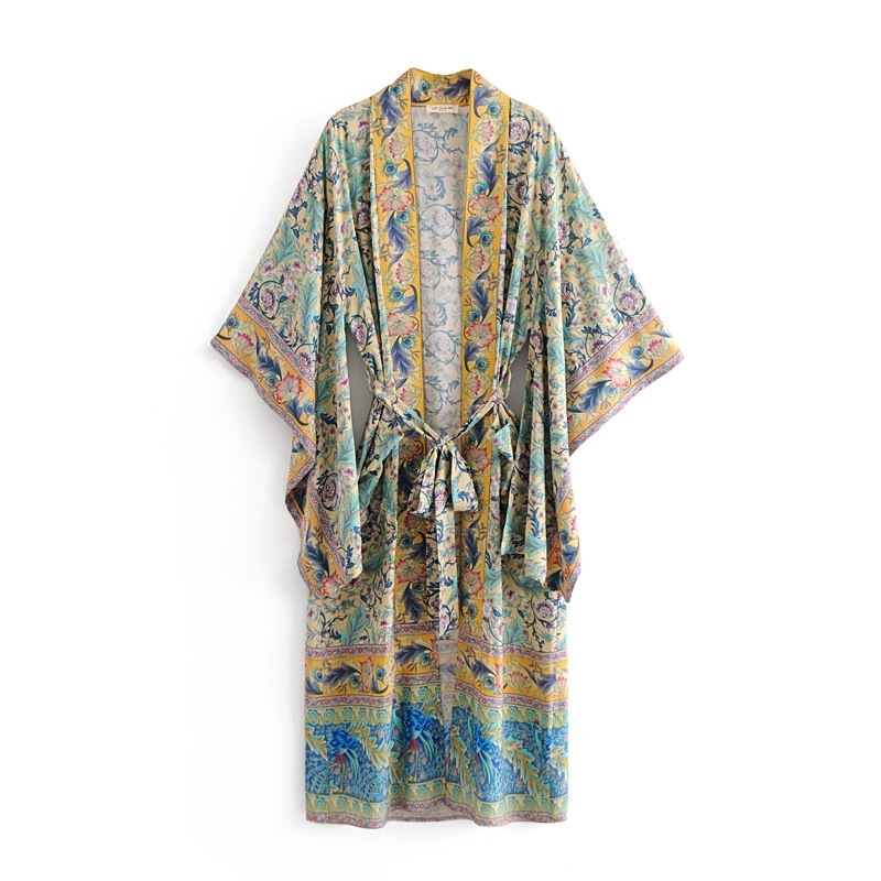 Boho Spring Summer Floral Loose Casual kimono Sleeve beach top Open Front maxi Kimono Tie Belt shirt blouse beach women 210225