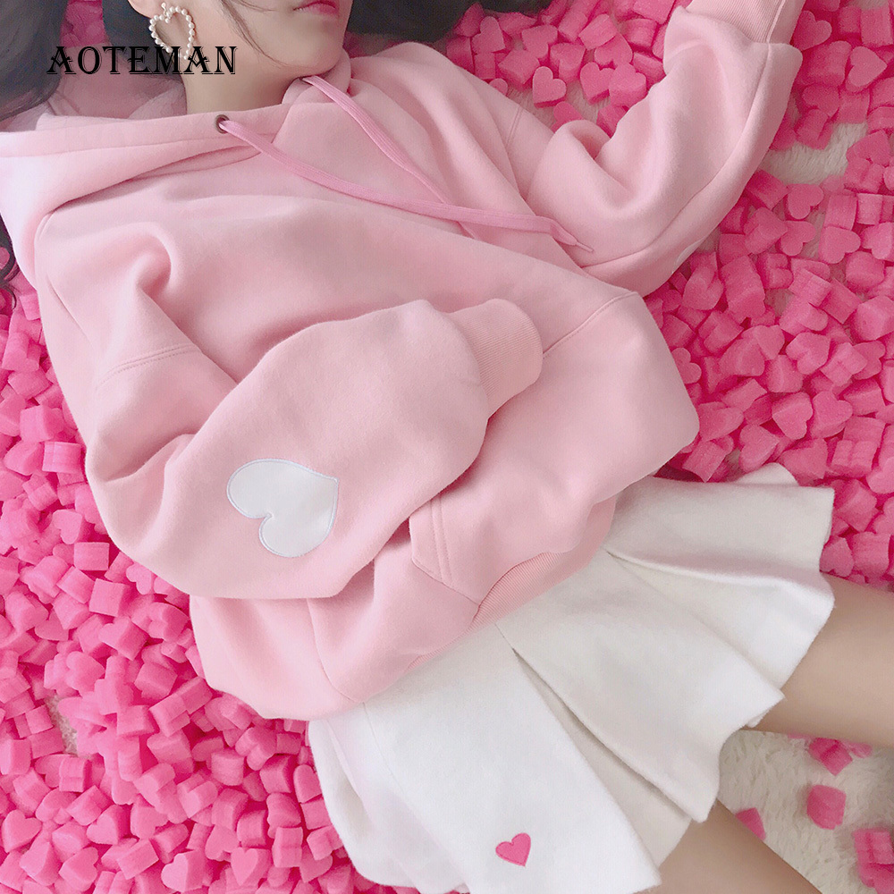 Autumn Spring Hoodies Women Casual Pullover Velvet Hooded Sweatshirts Women Maiden Style Solid Loose Sweatshirt Female Tops 201203