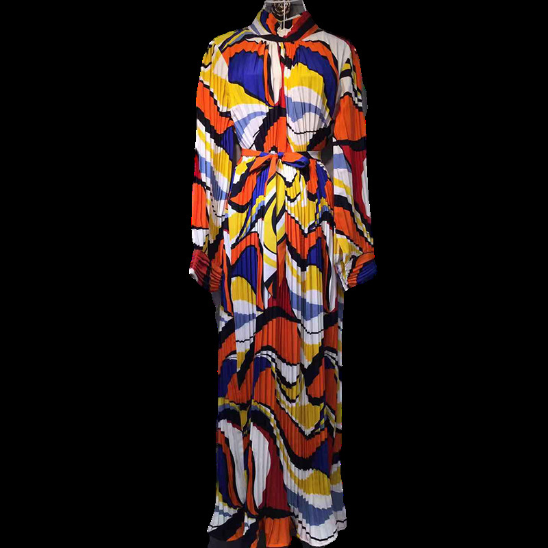 LANMREM women long dresses famale vintage stand collar loose slimming belt pleated long sleeve printed 135CM length 210303