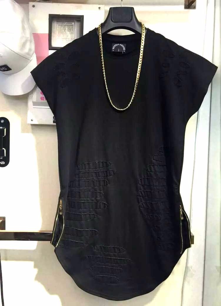 Man si Tun Newest Mens Curved Hem Ripped Tee Shirts Fashion Destroyed Extended Zipper T Shirt Longline T Shirts Side Zip T200219