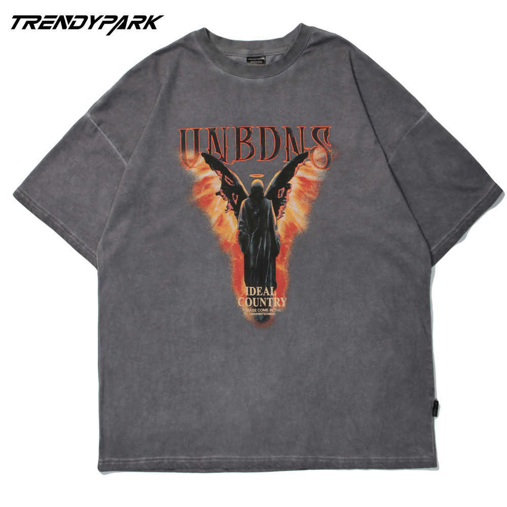 Hip Hop Oversize Men T Shirt Darkness Angle Goth Printed T-Shirt Harajuku Cotton Casual Summer Short Sleeve Tshirt Tops 210601