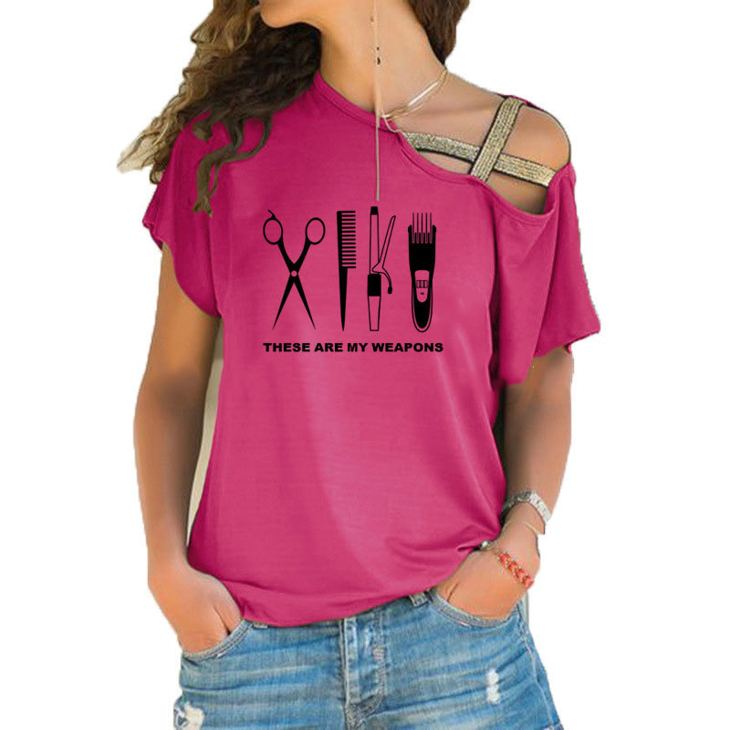Barber T Shirt Women Short Sleeve Hairdresser Weapon T-shirt Girls Woman scissors Clothing Irregular Skew Cross Bandage Tops T200614