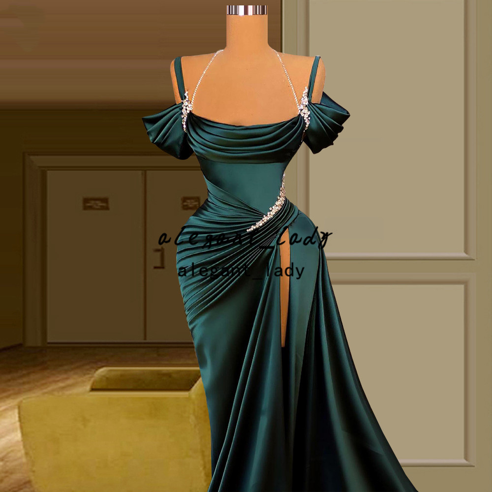 Abendkleider Dark Green Evening Dresses Long Mermaid sexy slit Spaghetti crystal Elegant Aso ebi Celebrity prom occasion Dress