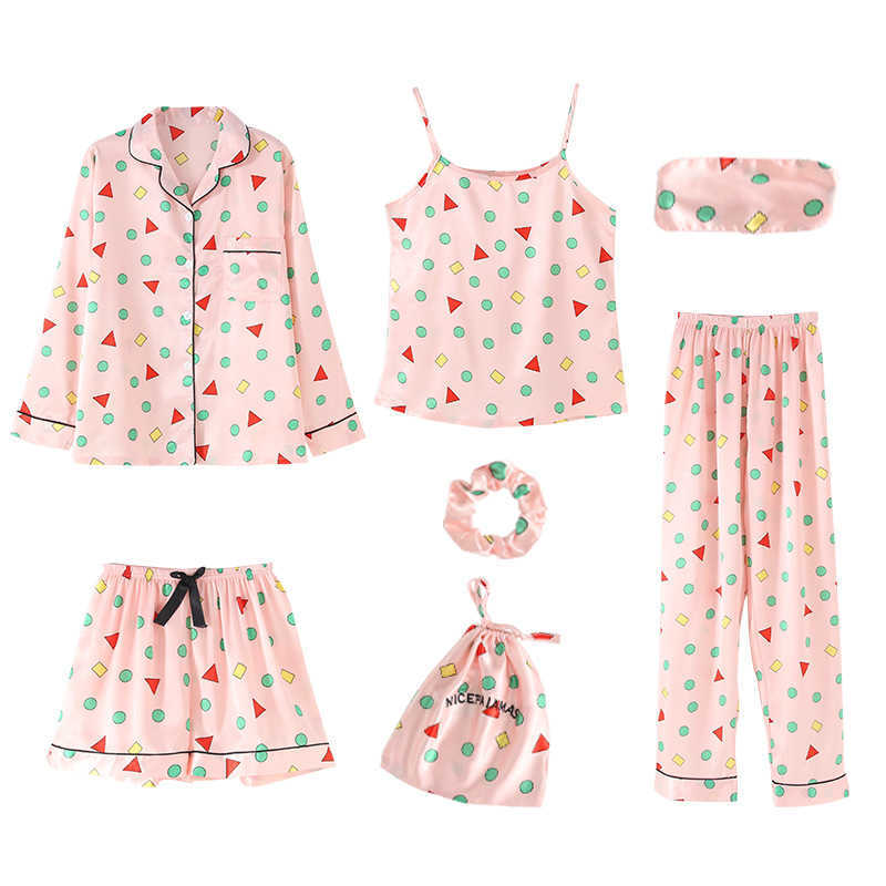 Novelty Geometric Women Pajamas Suit Intimate Lingerie Women Casual Sleepwear 7PCS Sleep Set Satin Nightwear Home Clothing Q0706