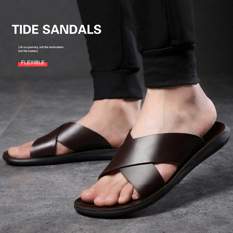 New Fashion Slippers Summer Men Shoes Vintage Italian Flats Casual Non-slip Beach Sandals Leather Flip Flop Flat Sandals 210306