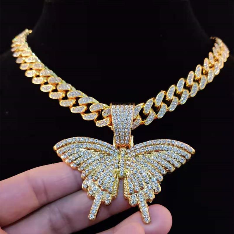 Pendant Necklaces Men Women Hip Hop Butterfly Necklace With 13mm Miami Cuban Chain Iced Out Bling HipHop Fashion Charm Jewelry