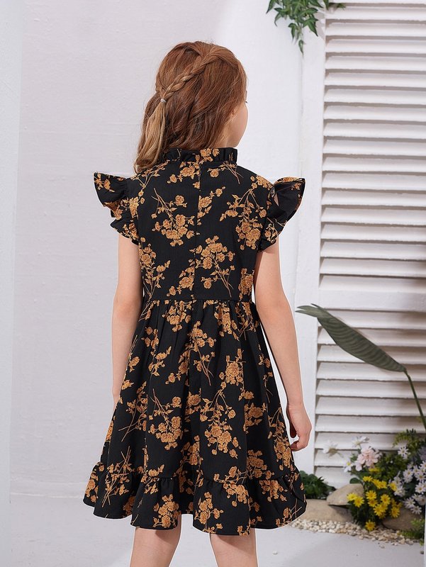 Girls Mock Neck Butterfly Sleeve Floral Dress SHE