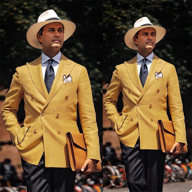 Bright Two Pieces Custom Made Formal Spring Suits Double Breasted Tuxedos Peaked Lapel Blazer Business Yellow Coat+Black Pant