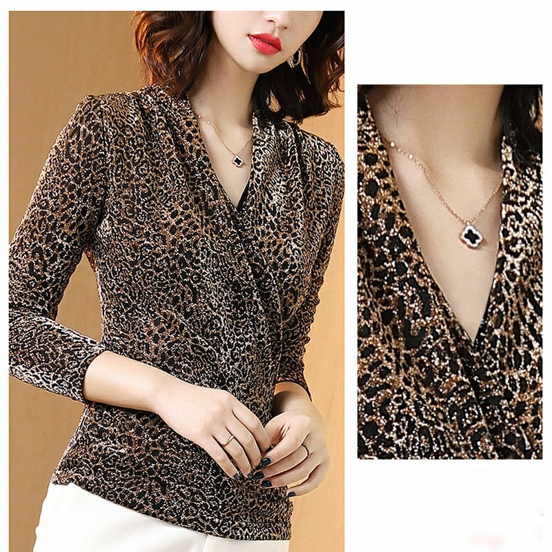 Women's Spring Autumn Style Blouses Shirt Women's Sequined Slim Leopard Printed Long Sleeve Elegant V-neck Tops DD8768 210225