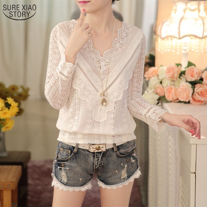 2021 New Hot Sale autumn Korean Fashion elegant lace Women Blouse V Neck Long Sleeve Slim Lace Feminina Shirt women tops 63C 30 210225