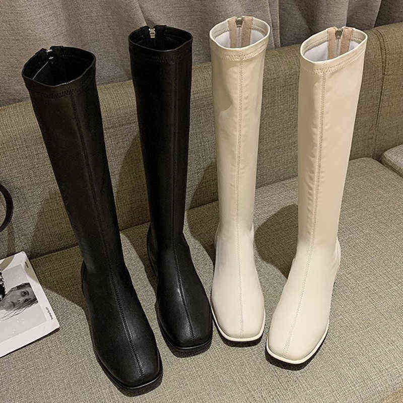 2021 Women Knee High Boots Female Leather Fetish Knight Boots Plus Size Booties Lady Low 4cm High Heels White Autumn Shoes Y1105