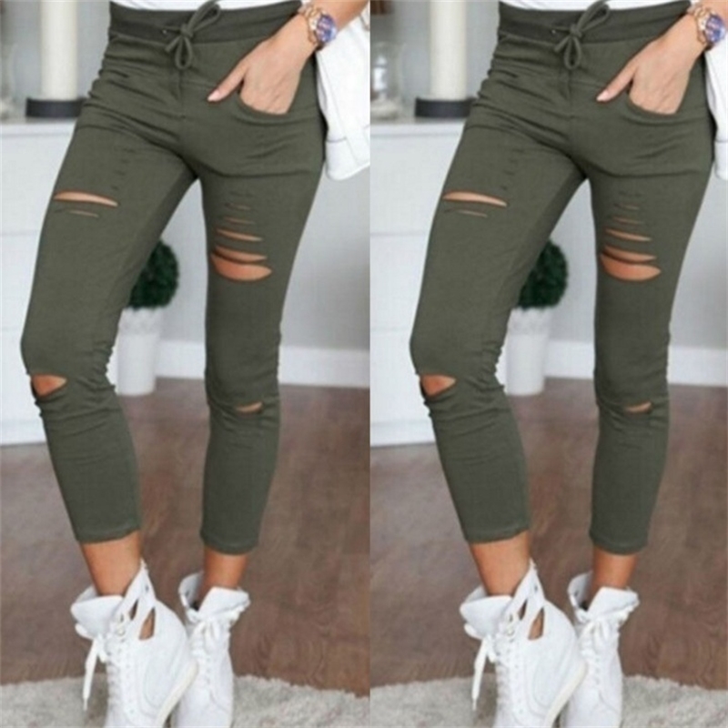 Female Trousers Women Hole Leggings Ripped Pants Slim Stretch Drawstring Trousers Pants Army Green Pants T200521