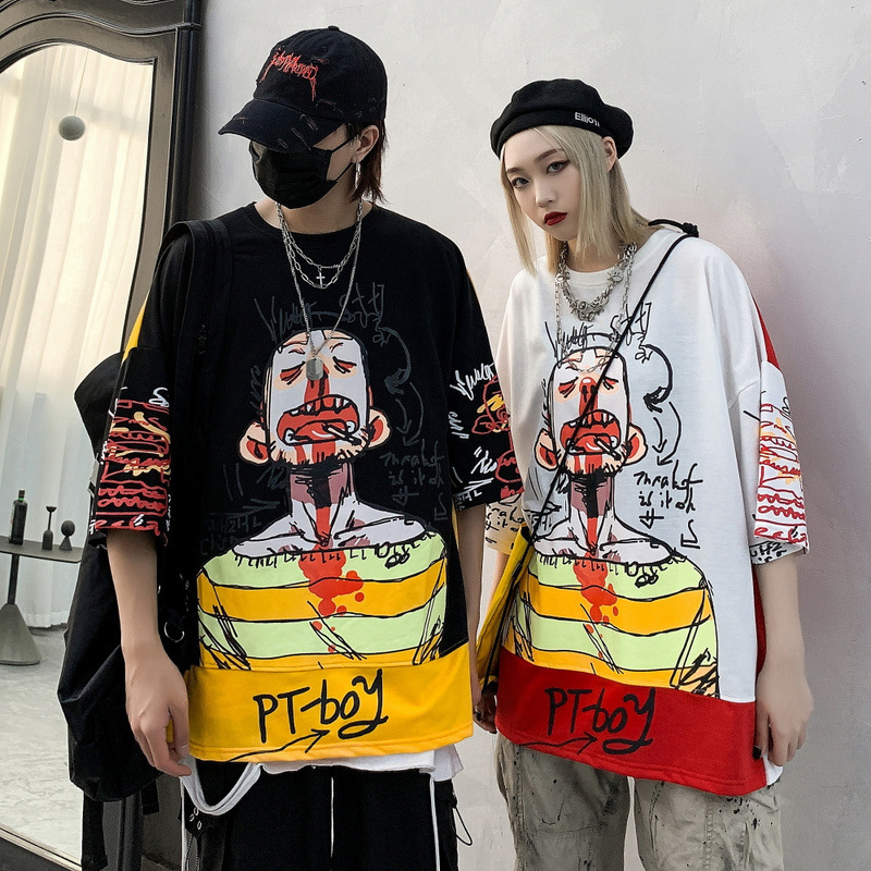t shirt street hip hop graffiti portrait short sleeve men and women bf net red couple two color stitching tee, White;black
t shirt street hip hop graffiti portrait short sleeve men and women bf net red couple two color stitching tee, White;black