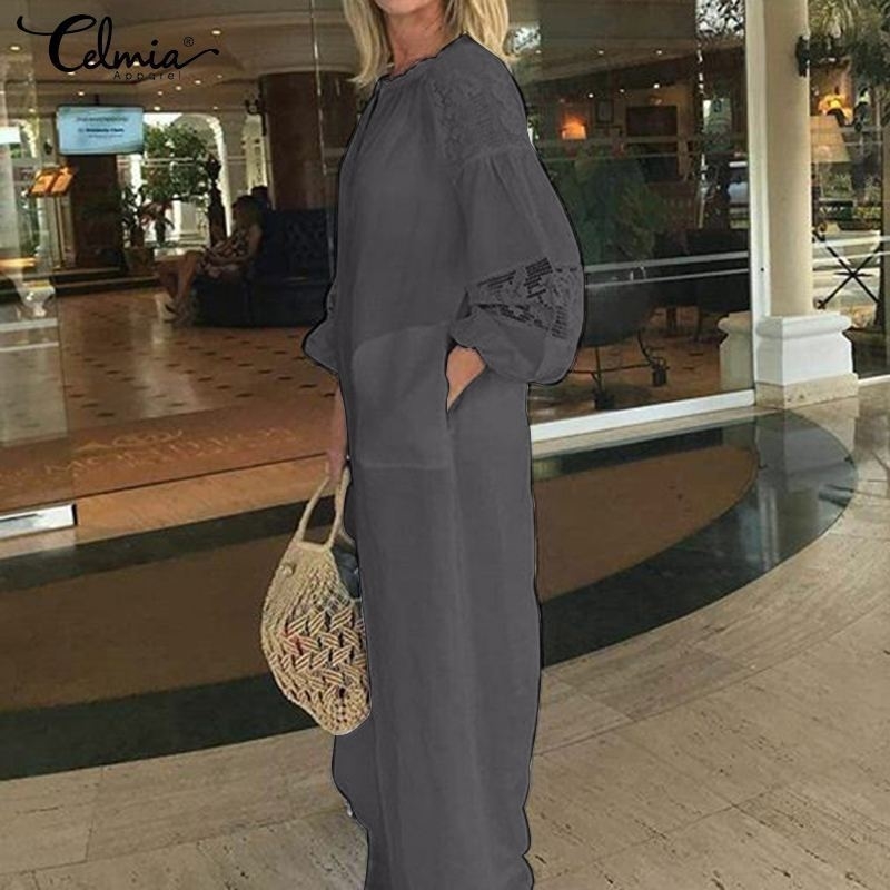 Celmia Women White Dress Summer Bohemian Casual Loose Lace Maxi Long Sundress Long Sleeve Shirt Party Vestidos Plus Size T200117