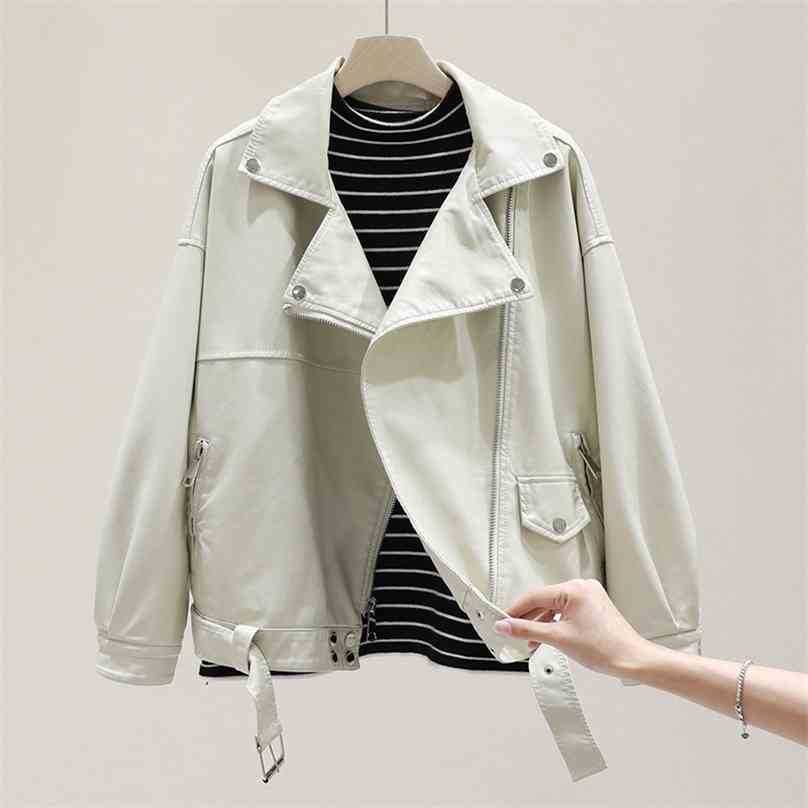 Spring Autumn Soft Faux Leather Jacket Women Loose Korean Casual Chic Zipper Biker Leahter Coat Ladies Moto With Belt 210525
Spring Autumn Soft Faux Leather Jacket Women Loose Korean Casual Chic Zipper Biker Leahter Coat Ladies Moto With Belt 210525